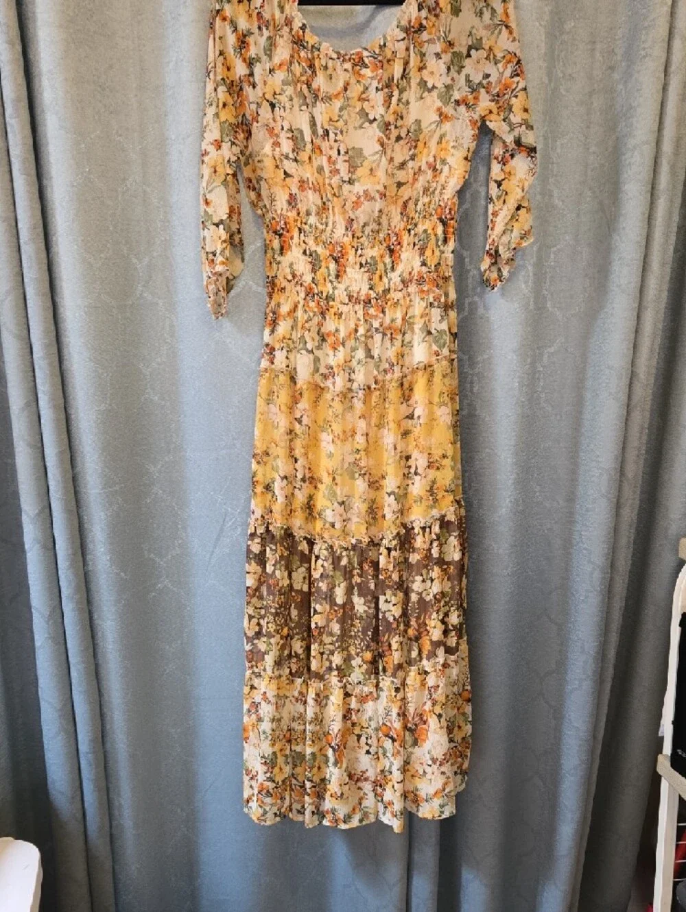 fig and flower Yellow Floral Tiered Maxi Dress with Brown Panel - Picture 5 of 5